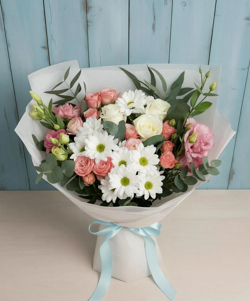 Букет цветов из: Розы, Лизиантусы и Хризантемы в Демихово