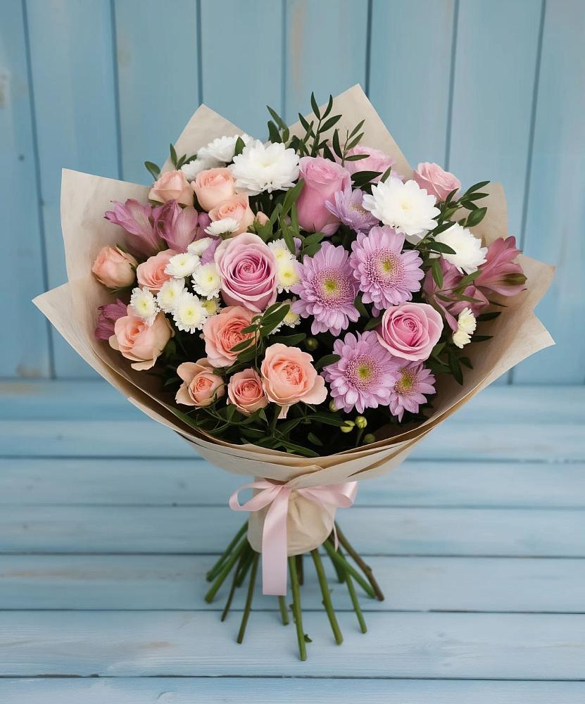 Букет цветов из: Хризантемы, Розы и Альстромерии в Демихово
