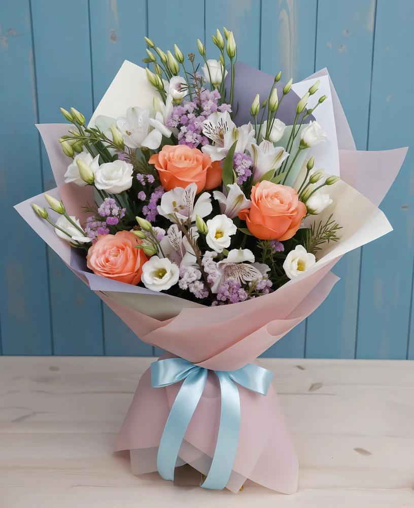 Букет цветов из: Лизиантусы, Розы, Альстромерии и Гипсофила в Демихово