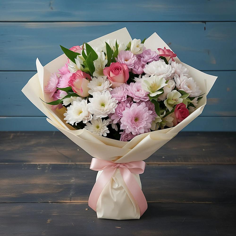 Букет цветов из: Хризантемы, Альстромерии и Розы в Демихово